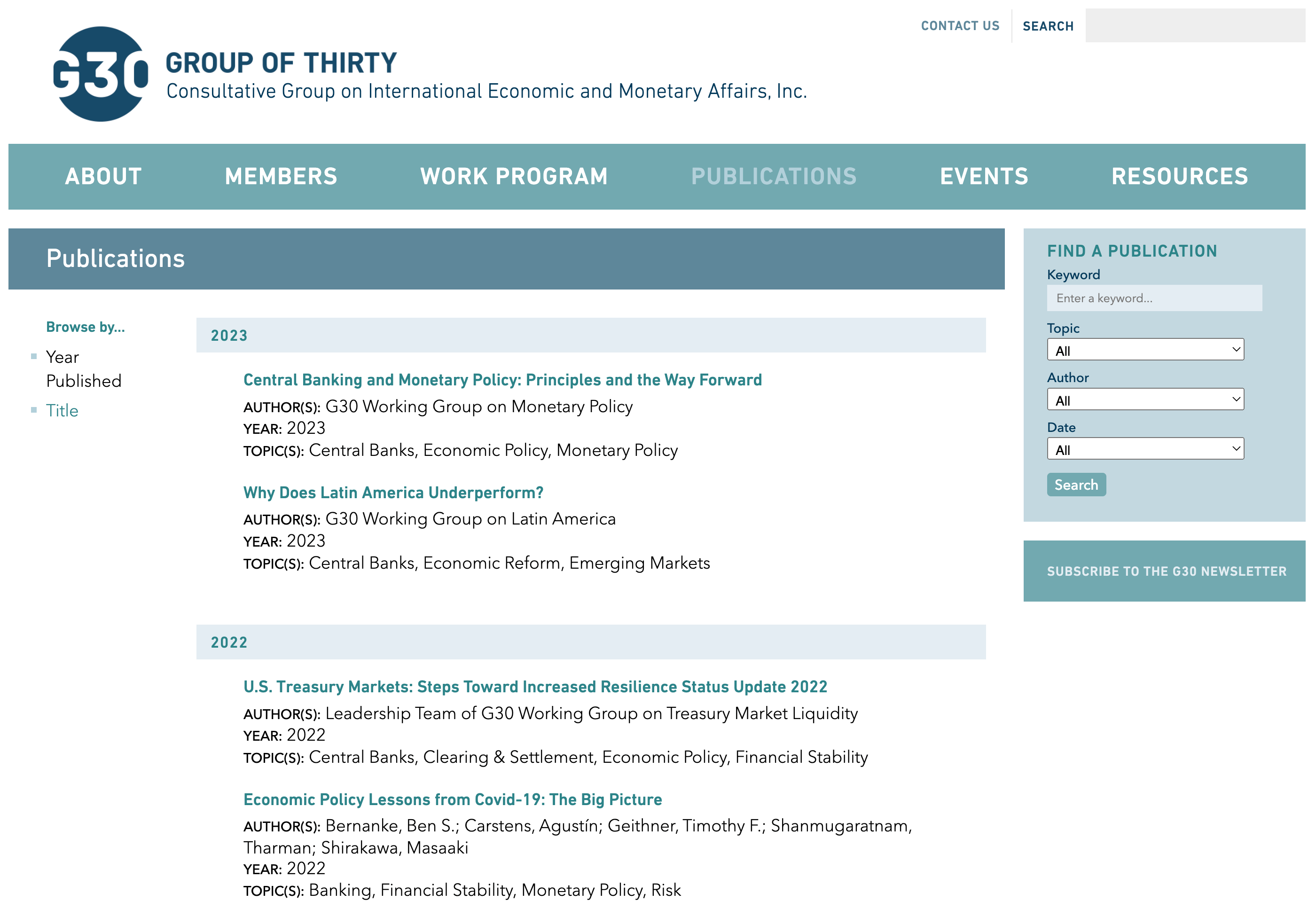 The Group of Thirty, Group of Thirty Browse Publications Screen